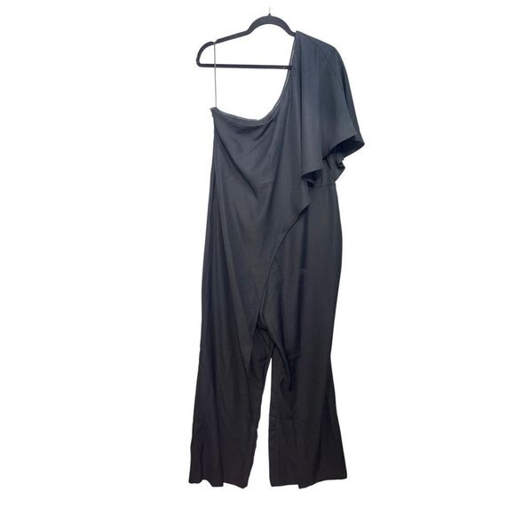 Venus One-Shoulder Black Wide Leg Draped Front Jumpsuit Size 18 - Picture 1 of 7